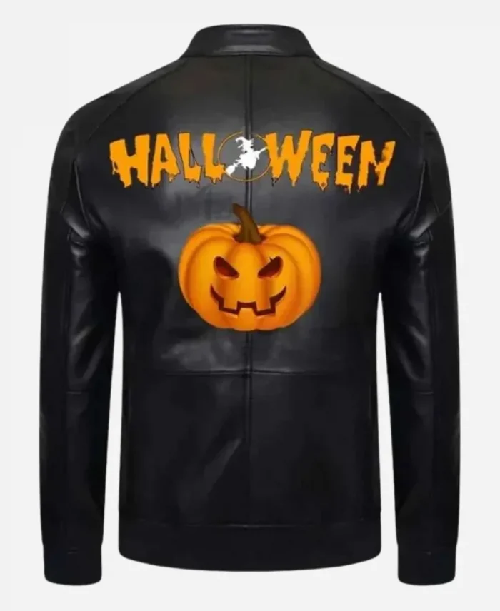 Halloween Pumpkin Printed Motorcycle Black Leather Jacket For Sale