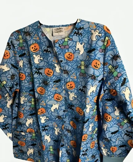 Halloween Spiders Pumpwebs Blue Scrub Jacket