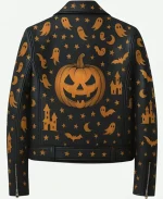 Haunted Ghost & Pumpkin Print Black Biker Leather Jacket For Halloween