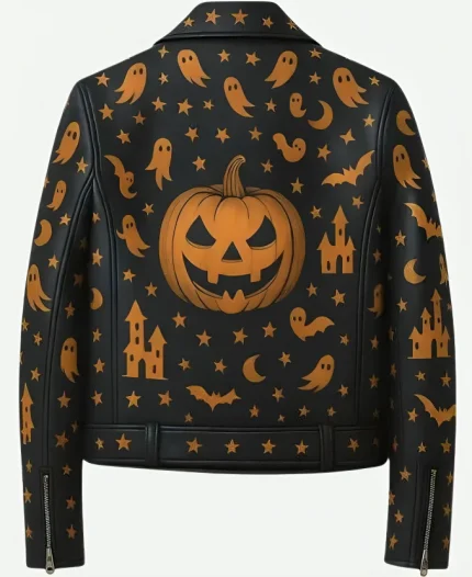 Haunted Ghost & Pumpkin Print Black Biker Leather Jacket For Halloween