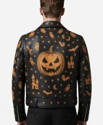 Haunted Rebel Halloween Leather Biker Jacket - Ghost & Pumpkin Print