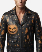 Haunted Rebel Halloween Leather Biker Jacket - Ghost & Pumpkin