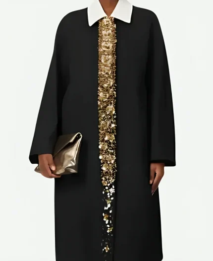 Joanna Lumley Wednesday TV Series Season 2 Episode 4 Grandmama Sequin-Embellished Black Coat