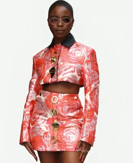Joy Sunday August 6, 2025 New York City Rose Pattern Brocade Cropped Black Collar Jacket 