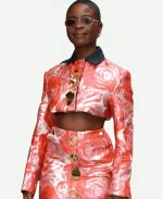 Joy Sunday Rose Pattern Brocade Cropped Jacket