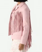 Love Shack Fancy Pink Leather Fringe Jacket For Sale