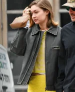 New York City Gigi Hadid Street Style 2025 Brown Distressed Leather Jacket