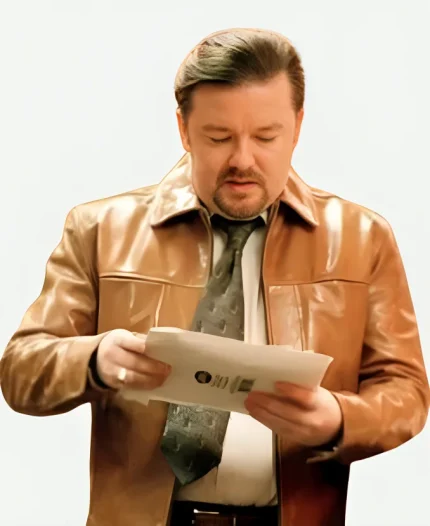 Own the look of David Brent with this premium leather jacket—on sale now and includes free shipping. Grab yours today!