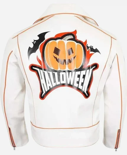Pumpkin Patches Halloween Asymmetrical White Biker Leather Jacket