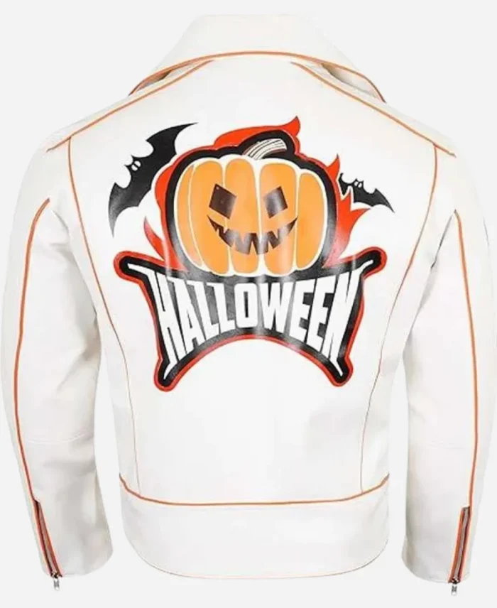 Pumpkin Patches Halloween Asymmetrical White Biker Leather Jacket