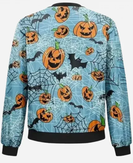 Pumpkins Bats and Web Printed Bomber Blue Jacket for Halloween