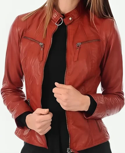 ROXA Trendy Women's Zip Up Genuine Leather Red Biker Jacket