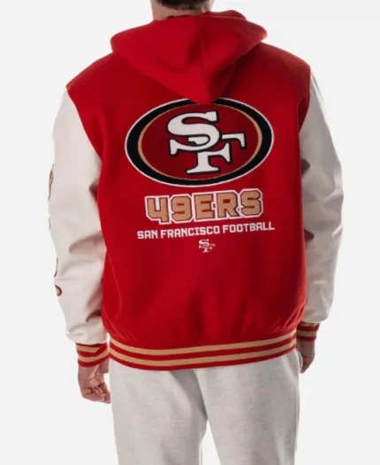 San Francisco 49ers The Wild Collective Red & White Hooded Varsity Jacket For Sale