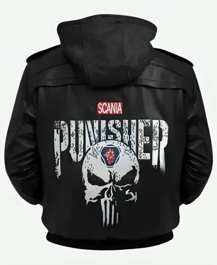 Scania Punisher Black Hooded Bomber Leather Jacket For Halloween