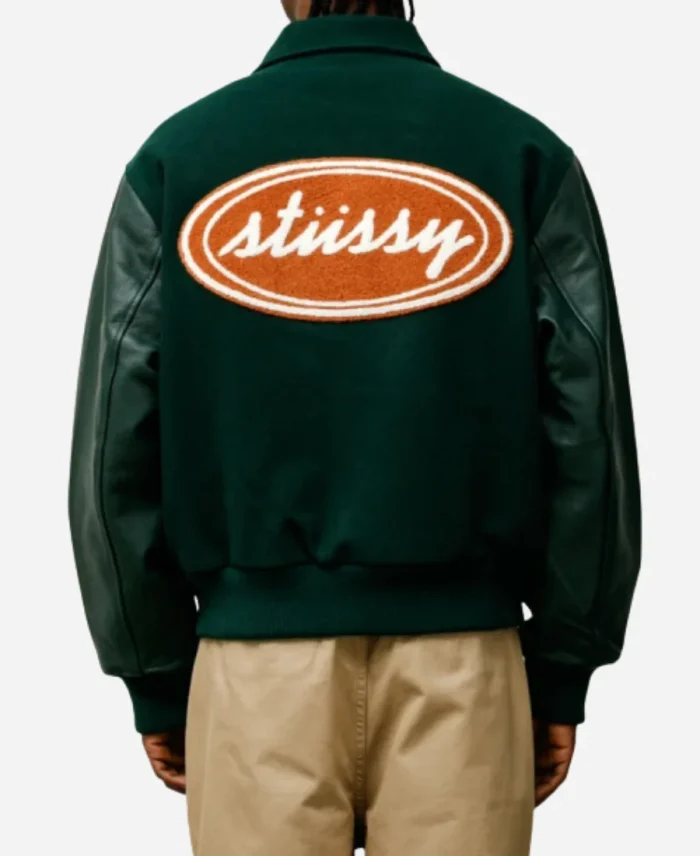 Stussy Script Oval Green Varsity Jacket For Sale