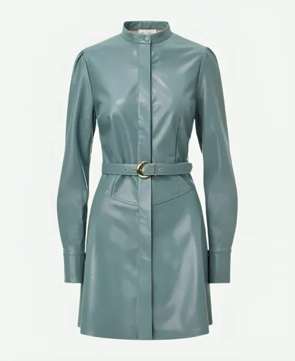 TV-Show E! News 2025 Emily Curl Blue Faux Leather Belted Dress