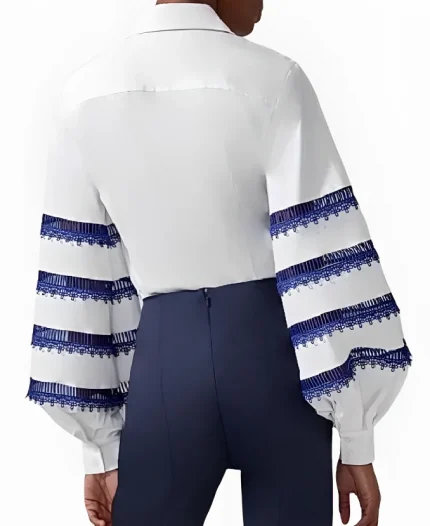 The View 2025 Ana Navarro White And Blue Embroidered Striped Puff-Sleeve Shirt