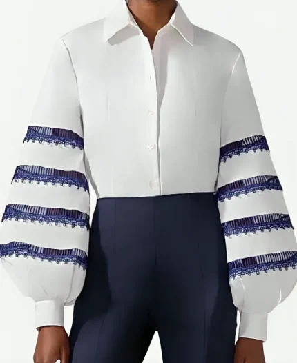 The View Ana Navarro White & Blue Embroidered Striped Shirt