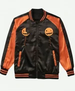 Trick r Treat Black and Orange Pumpkin Satin Varsity Jacket