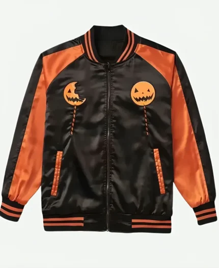 Trick r Treat Black and Orange Pumpkin Satin Varsity Jacket