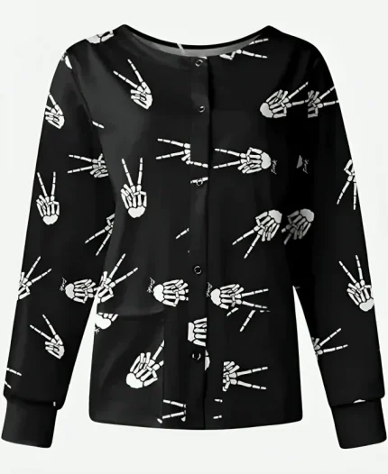 Victory Skelton Hands Halloween Scrub Jacket