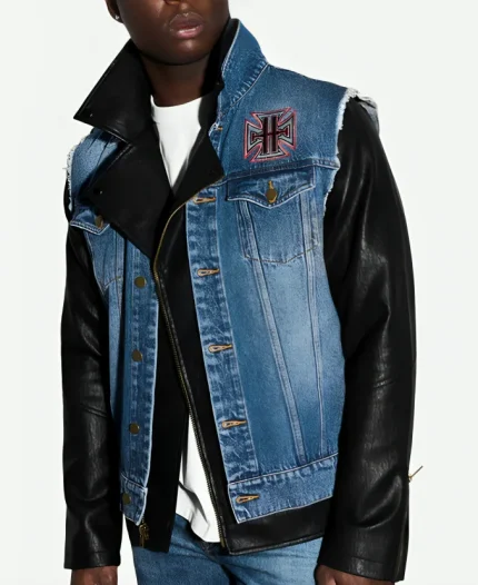 WWE Triple H Denim Blue And Black Leather Jacket For Sale
