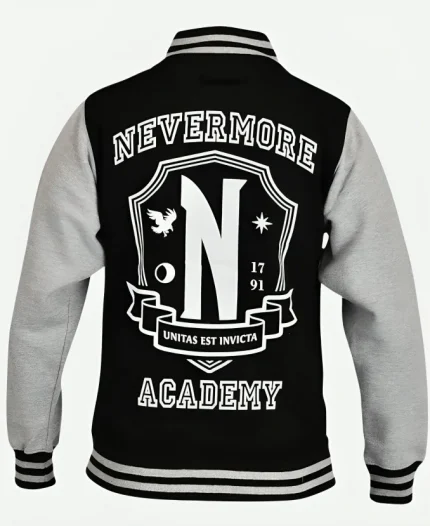 Wednesday Nevermore Academy College Black & Grey Varsity Jacket