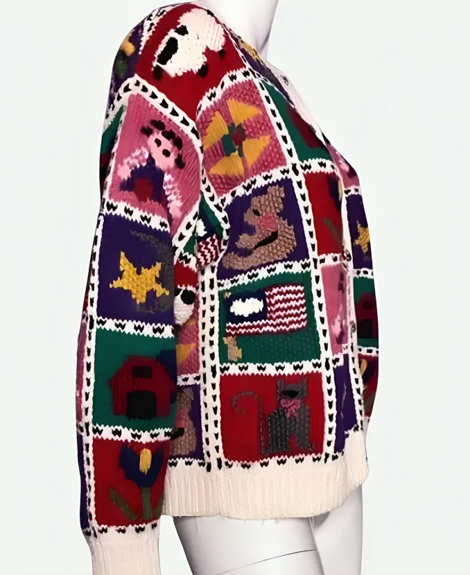 Wednesday Season 2 Episode 2 Northern Isles Vintage 90s Multicolor Chunky Patchwork Cardigan