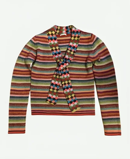 Wednesday Season 2 Janet Ottinger Multicolor Horizontal Stripe Textured V-Neck Sweater