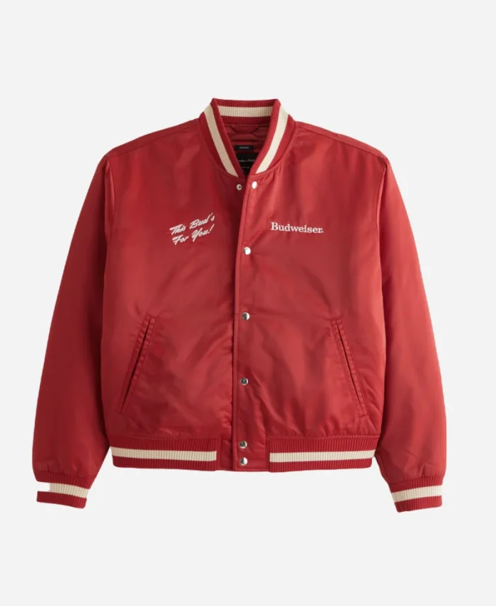 Abercrombie Budweiser Red Satin Varsity Bomber Jacket For Sale