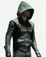 Stephen Amell Arrow S08 Oliver Queen Hooded Green Leather Jacket