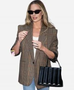 Margot Robbie Tribeca New York City 2025 Brown Plaid Coat For Sale