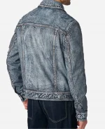 Men's Blue Denim Jacket With Leather Sleeves For Sale