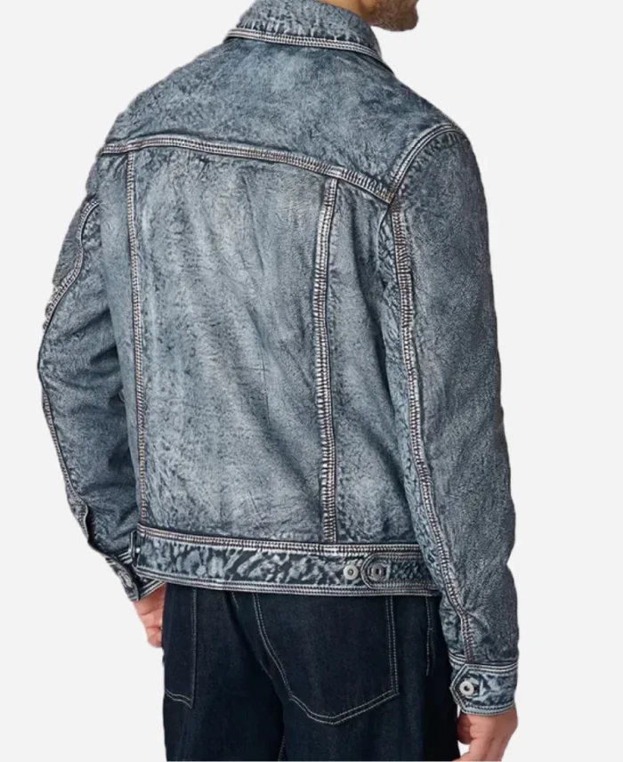 Men's Blue Denim Jacket With Leather Sleeves For Sale