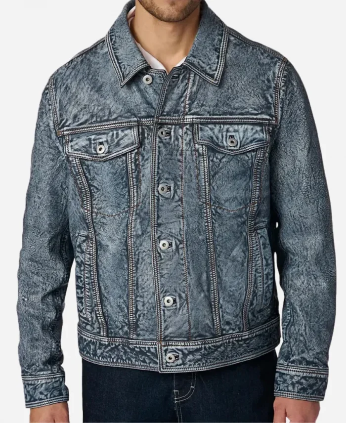 Men's Denim Jacket With Leather Sleeves