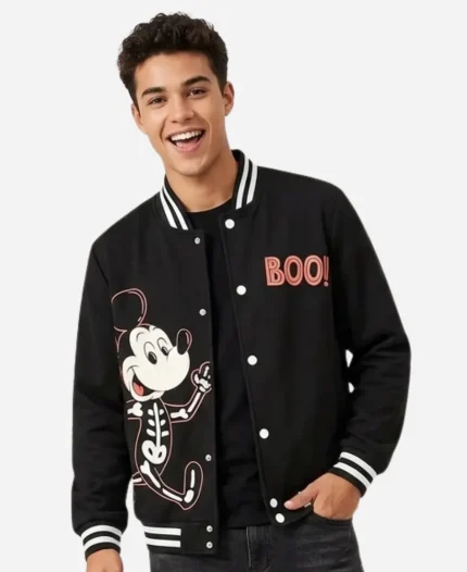 Halloween Mickey Mouse Skeleton Black Varsity Jacket