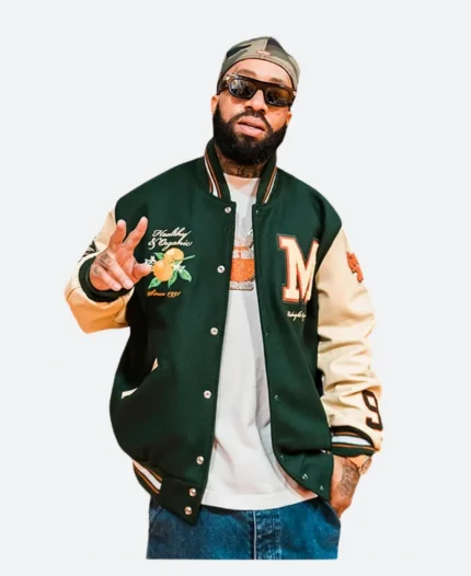 Midnight Organic Larry June Green & Beige Letterman Varsity Jacket