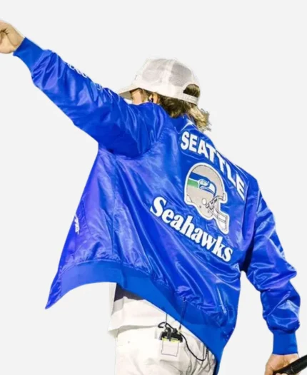 Morgan Wallen Blue Satin Seattle Seahawks Bomber Jacket For Sale