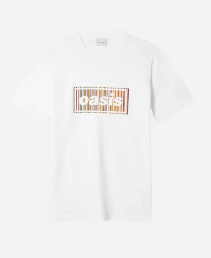 Oasis x Paul Smith Stripe Logo White T-Shirt For Sale
