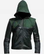 Stephen Amell Green Arrow Hooded Leather Jacket For Sale