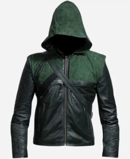 Stephen Amell Green Arrow Hooded Leather Jacket For Sale