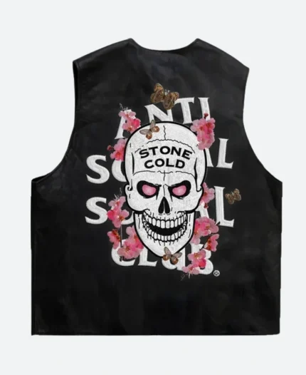 WWE X ASSC Stone Cold Black Leather Embroidered Vest For Sale