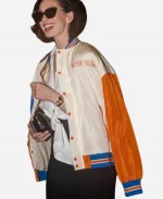 Anne Hathaway Knicks Cream Jacket