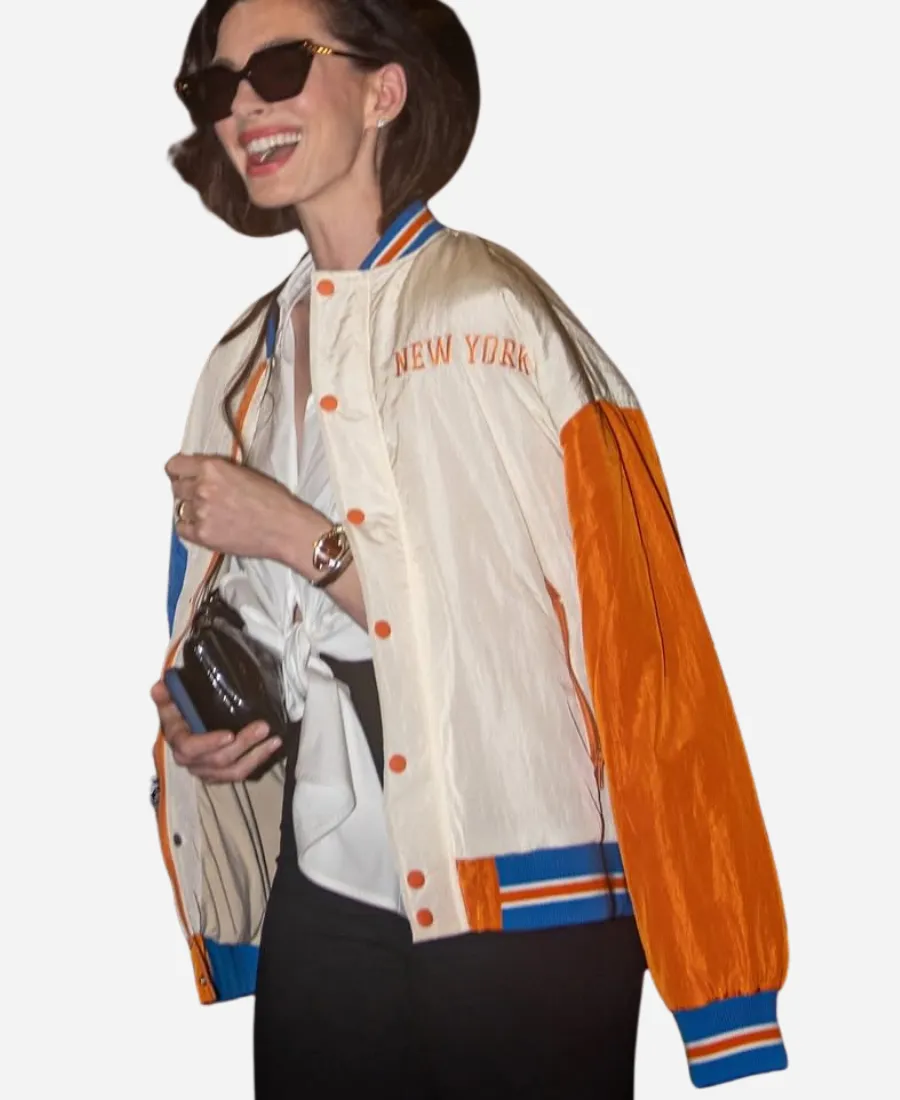 Anne Hathaway Knicks Cream Jacket Anne Hathaway Knicks Cream Jacket
