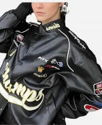 Champs Motorcycle Racing Oversized Black Leather Bomber Jacket