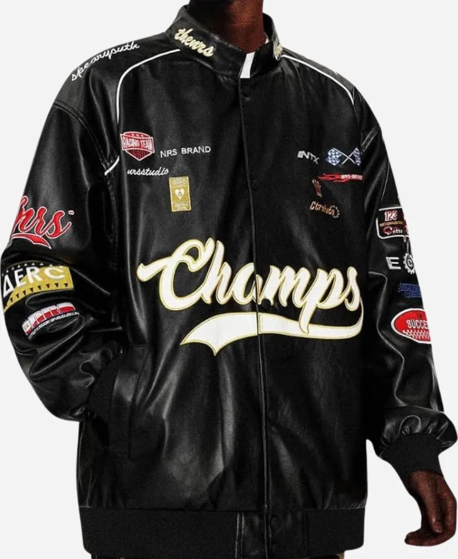 Champs Racing Style Black Leather Jacket Champs Racing Style Black Leather Jacket