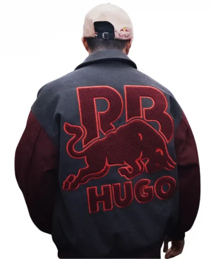 HUGO x RB Isack Alexandre Hadjar Varsity Grey & Maroon Bomber Jacket