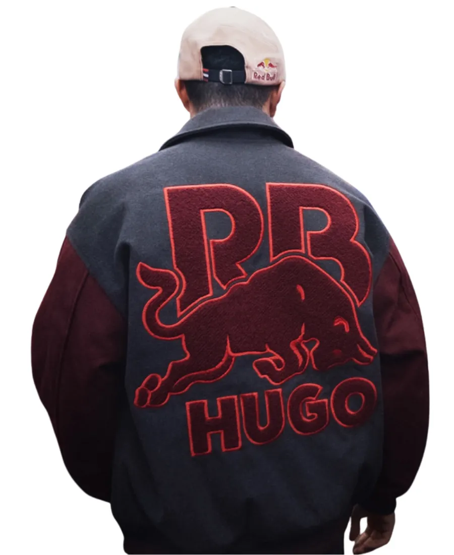 HUGO x RB Isack Alexandre Hadjar Varsity Grey & Maroon Bomber Jacket HUGO x RB Isack Alexandre Hadjar Varsity Grey & Maroon Bomber Jacket