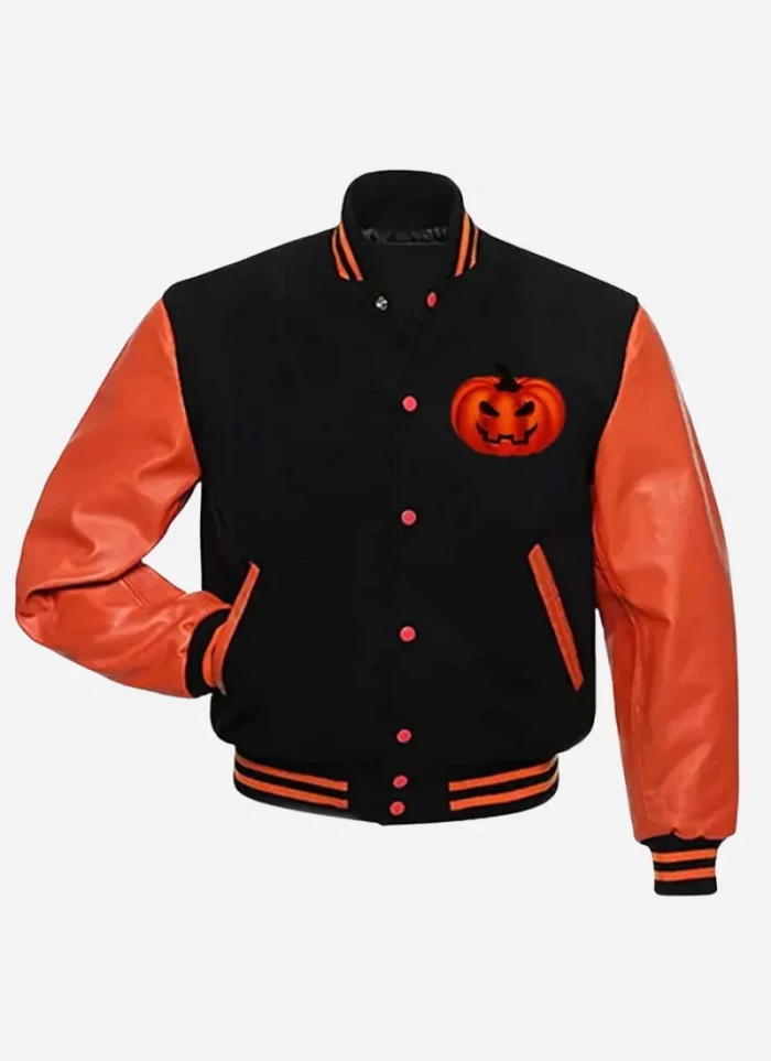 Happy Halloween Letterman Jacket In Black & Orange