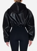 Kylie Jenner KHY Cropped Black Hooded Leather Jacket